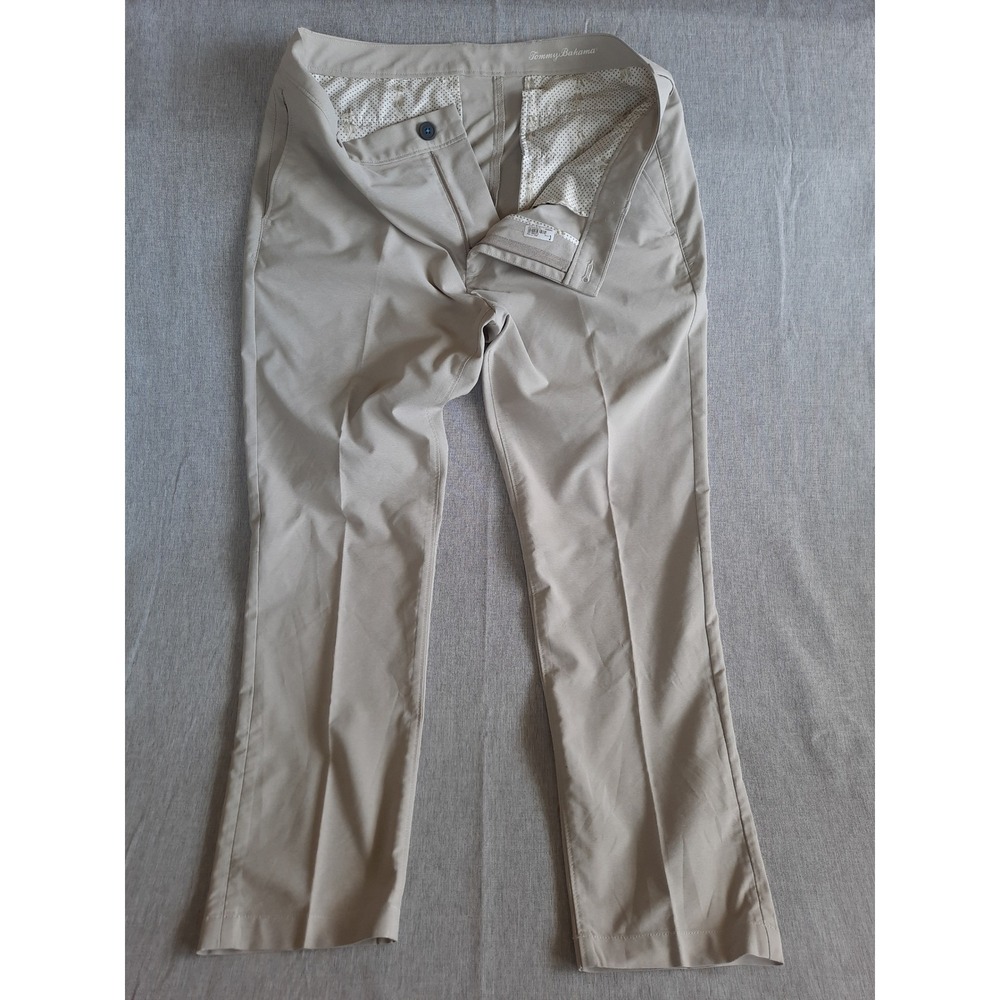 Tommy Bahama Men 34X32 On-The-Go Polka Line Pleated Chino Pants Beige NylonBlend